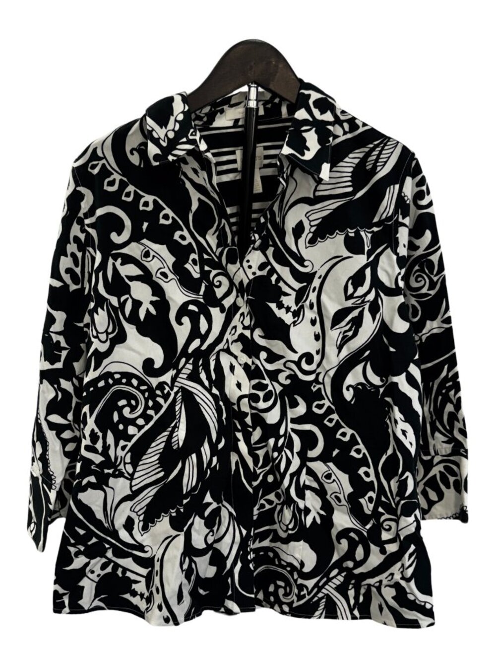 Chicos Non-Iron Button Down Top White Black Contrast Cuff Sz‎ M